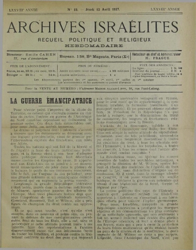 Archives israélites de France. Vol.78 N°15 (12 avr. 1917)